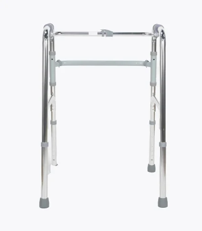 SwiftFold folding walker with lightweight aluminum frame, push-button fold, adjustable height, and rubber-tipped legs.
