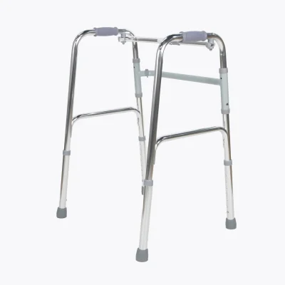 SwiftFold lightweight aluminum folding walker with padded foam handles, adjustable legs, and rubber-tipped feet.
