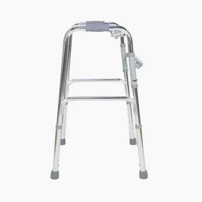 Oxidized aluminum folding walker with padded foam handles, two crossbars, and rubber-tipped adjustable legs.