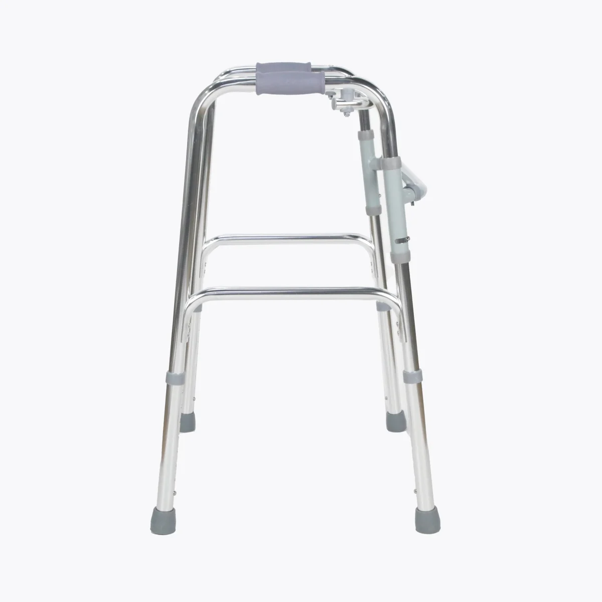 Metallic folding walker with padded grip handles, dual side support bars, and rubber-tipped legs.
