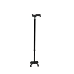 Black quad walking stick with a curved handle and four-pronged base for enhanced stability.
