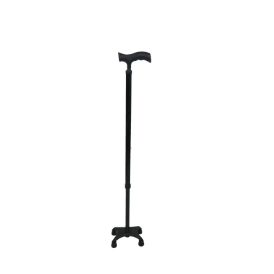 Black quad walking stick with a curved handle and four-pronged base for enhanced stability.