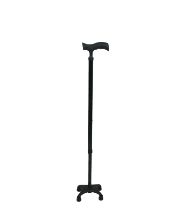 Black quad walking stick with a curved handle and four-pronged base for enhanced stability.