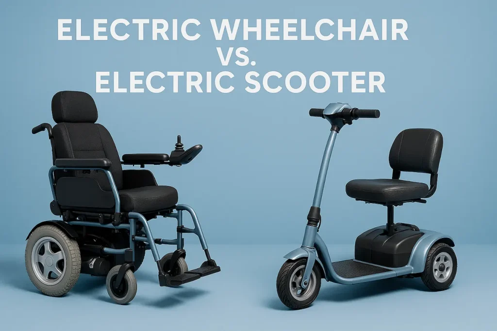 Side-by-side comparison of an electric wheelchair and an electric scooter against a light blue background. The electric wheelchair on the left features large rear wheels, a padded seat and backrest, armrests, and a joystick control. The electric scooter on the right has three wheels, a padded seat and backrest, and handlebars for steering. White text above reads "ELECTRIC WHEELCHAIR VS. ELECTRIC SCOOTER."Side-by-side comparison of an electric wheelchair and an electric scooter against a light blue background. The electric wheelchair on the left features large rear wheels, a padded seat and backrest, armrests, and a joystick control. The electric scooter on the right has three wheels, a padded seat and backrest, and handlebars for steering. White text above reads "ELECTRIC WHEELCHAIR VS. ELECTRIC SCOOTER."