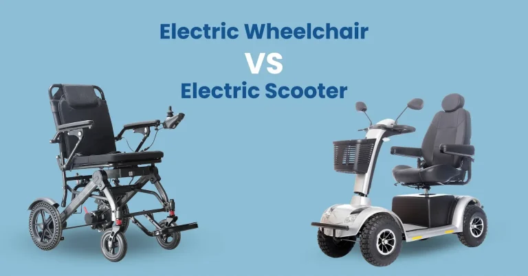Comparison graphic between an electric wheelchair and an electric mobility scooter for senior and disability mobility.
