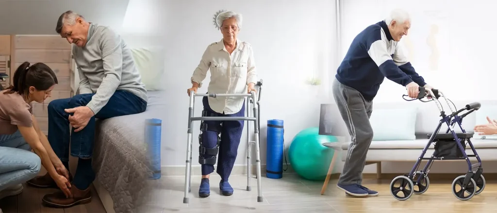 Three elderly individuals receiving mobility assistance: one seated on a bed with caregiver support, one using a walker in a rehab setting, and one using a rollator walker in a home environment—highlighting senior care, injury recovery, and safe mobility solutions.