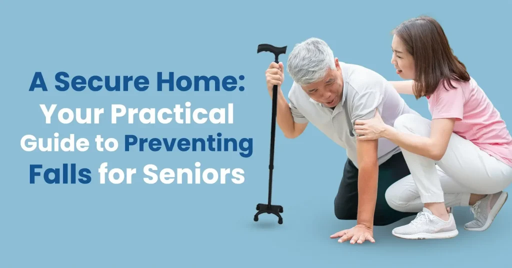 An elderly man, safely assisted by his caregiver after a fall, uses his quad cane for support. This image promotes senior safety and mobility aids solutions for a secure home environment.