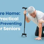 An elderly man, safely assisted by his caregiver after a fall, uses his quad cane for support. This image promotes senior safety and mobility aids solutions for a secure home environment.