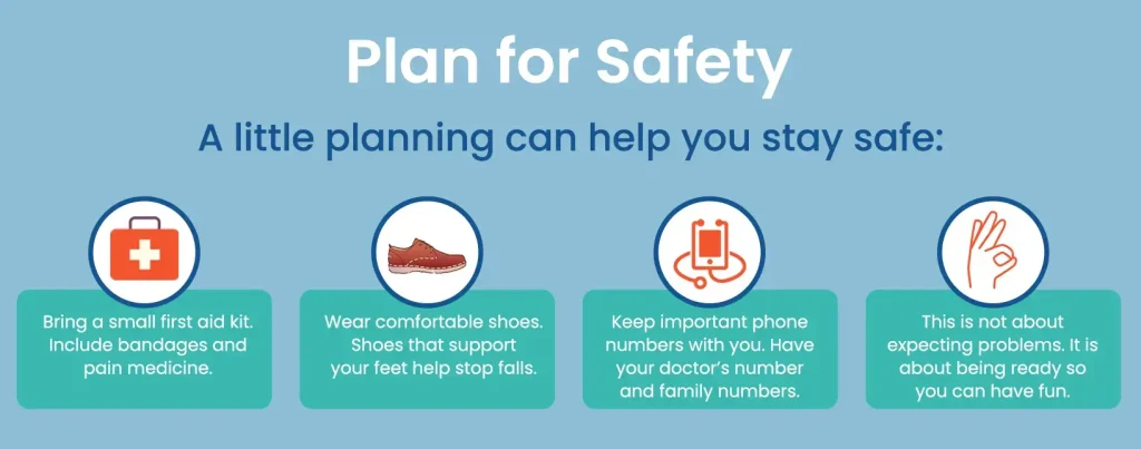 Travel safety tips for seniors infographic – carry a first aid kit, wear comfortable supportive shoes, keep doctor and family phone numbers, and plan ahead for a safe and enjoyable trip