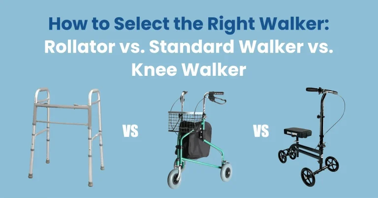 A visual comparison of three walker types: a rollator with wheels and a seat, a standard aluminum walker, and a knee walker for leg injuries.