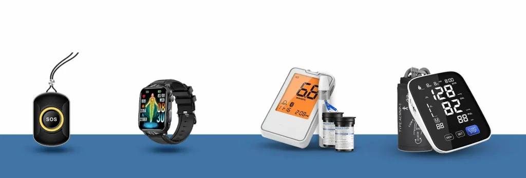 Modern health monitoring devices including SOS emergency alert, smartwatch with health metrics, digital glucose meter, and blood pressure monitor on blue background
