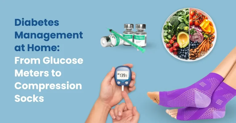 A person checking their blood sugar level with a glucose meter at a sunny kitchen table, with compression socks visible, representing proactive diabetes management at home.