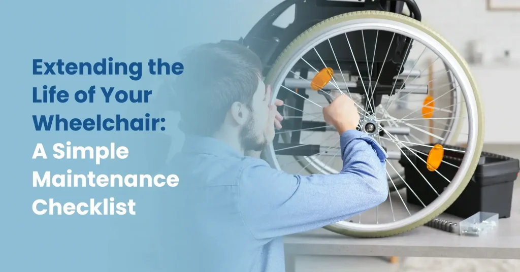 A person performing routine maintenance on a manual wheelchair, checking the tire pressure with a gauge as part of a simple upkeep checklist to extend the chair's lifespan.