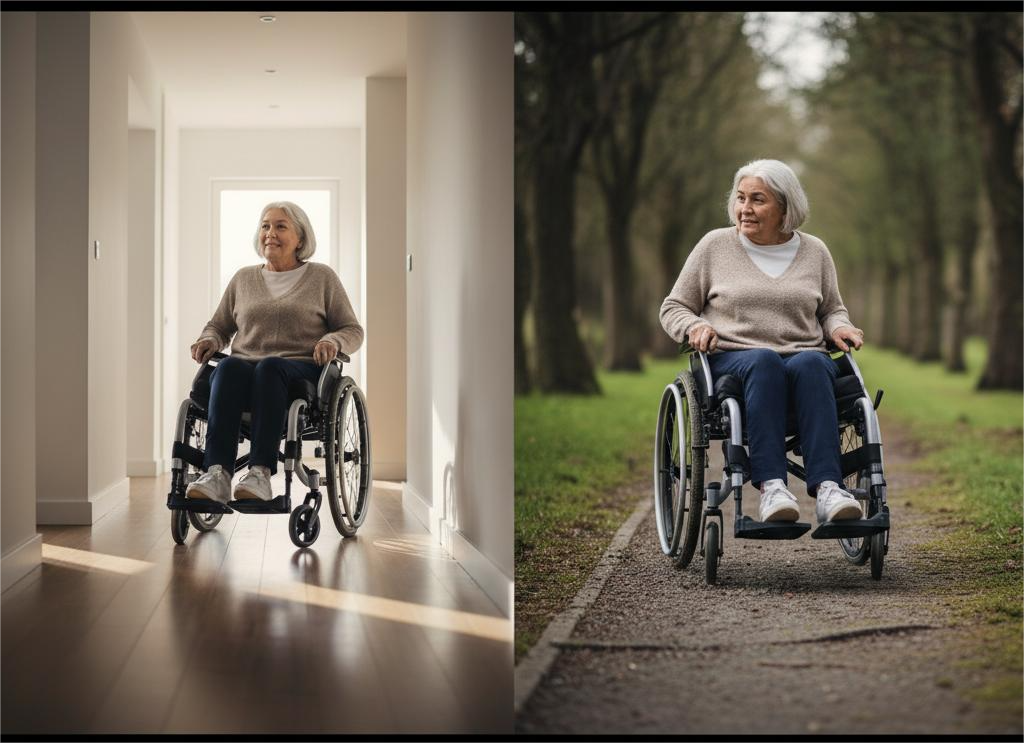 Wheelchair types for indoor, outdoor, and rugged terrain with illustrations and usage tips for mobility optimization.