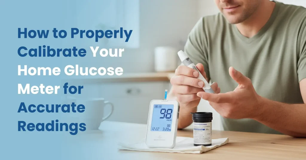 A person using control solution to calibrate a home glucose meter on a table, ensuring accurate diabetes management.