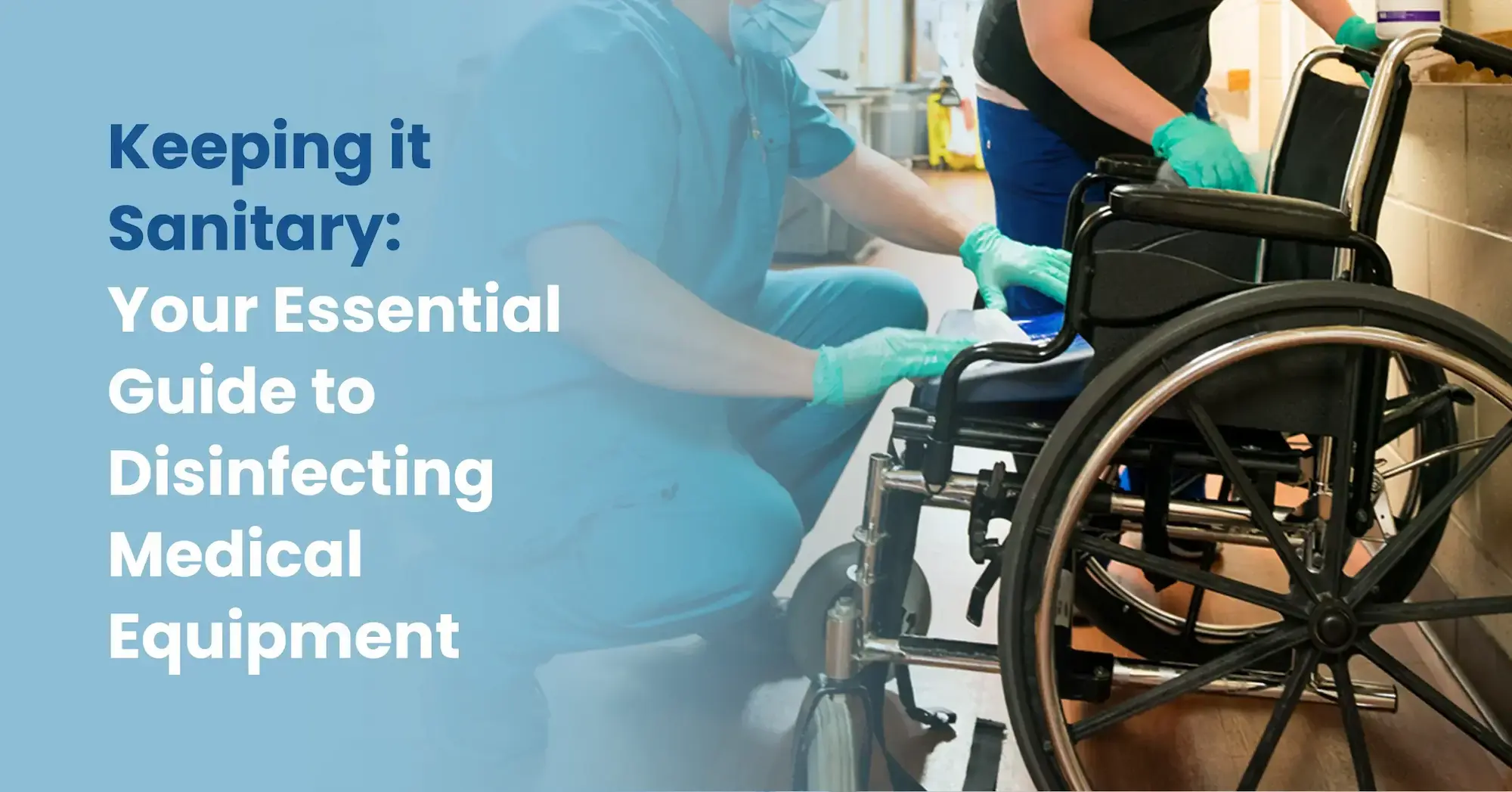 A person wearing yellow gloves disinfecting a blood pressure monitor with a wipe, following a guide for cleaning home medical equipment.