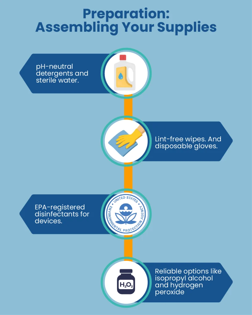 Infographic showing essential supplies for disinfecting medical equipment including pH-neutral detergents, sterile water, lint-free wipes, disposable gloves, EPA-registered disinfectants, isopropyl alcohol, and hydrogen peroxide
