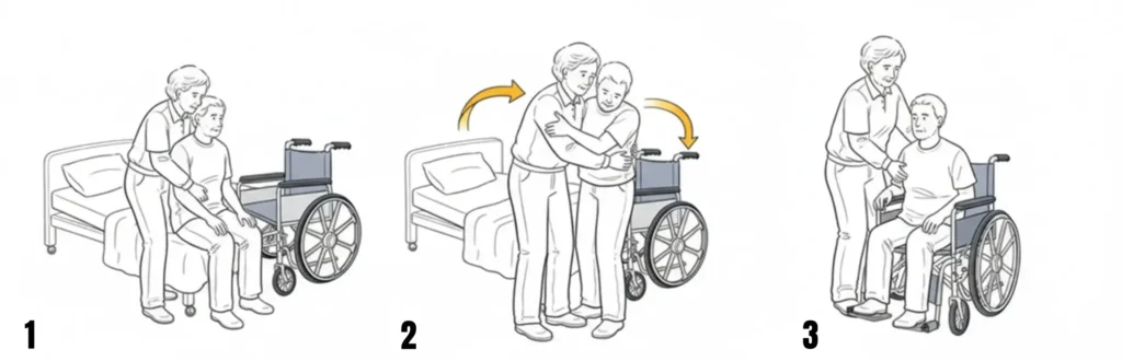 Step-by-step illustrated guide for safe patient transfer from bed to wheelchair, showing proper body mechanics and positioning for caregivers.