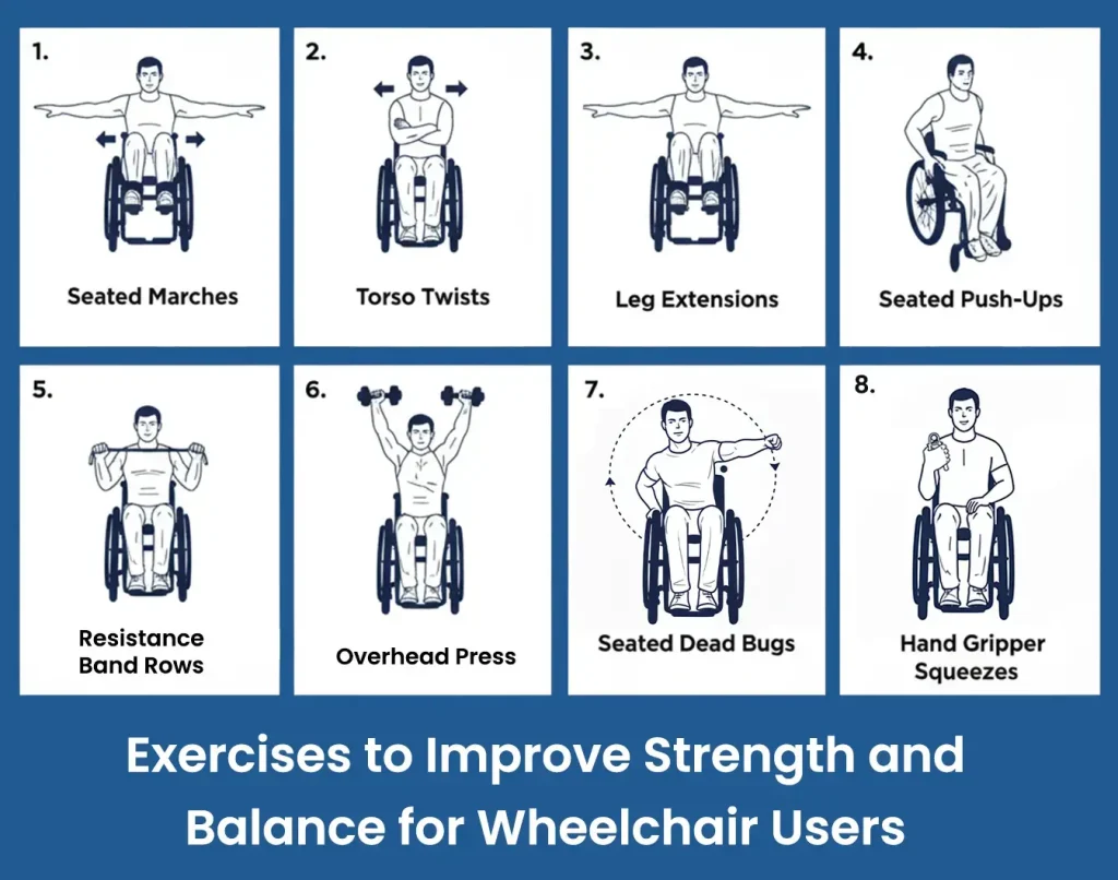 Infographic listing eight essential wheelchair exercises: Seated Marches, Torso Twists, Leg Extensions, Seated Push-Ups, Resistance Band Rows, Overhead Press, Seated Dead Bugs, and Hand Gripper Squeezes.