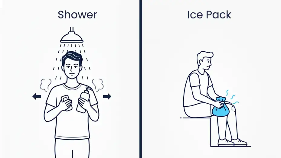 An infographic showing heat and cold therapy options for arthritis pain management, featuring a warm shower for morning stiffness and ice packs for post-activity inflammation relief.