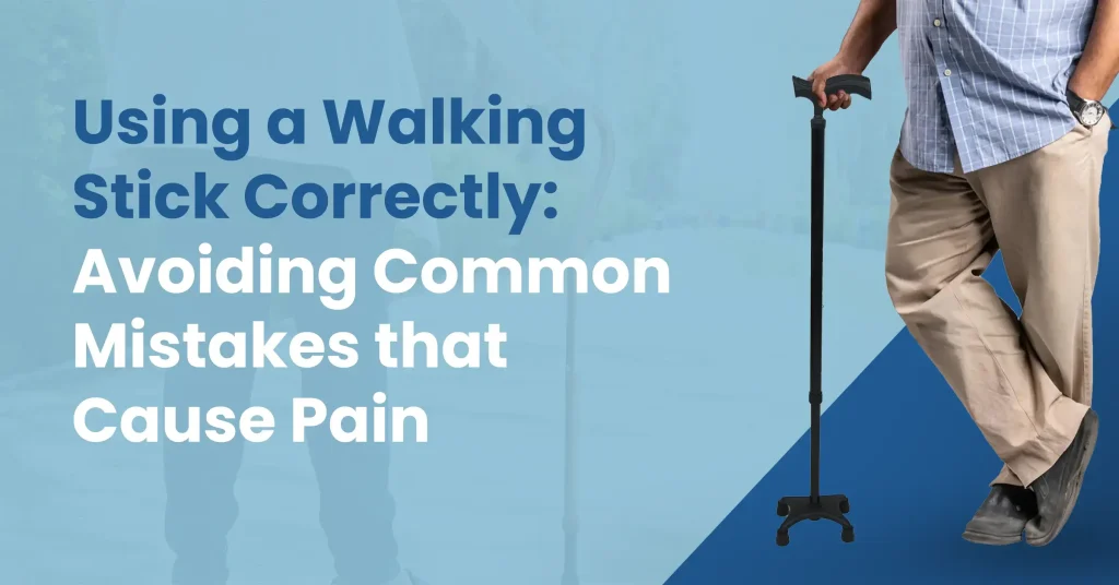 An elderly person correctly using a walking stick for support and stability while walking.