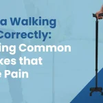 An elderly person correctly using a walking stick for support and stability while walking.