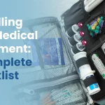 A checklist for traveling with medical equipment, featuring the title on a notepad with a pen.
