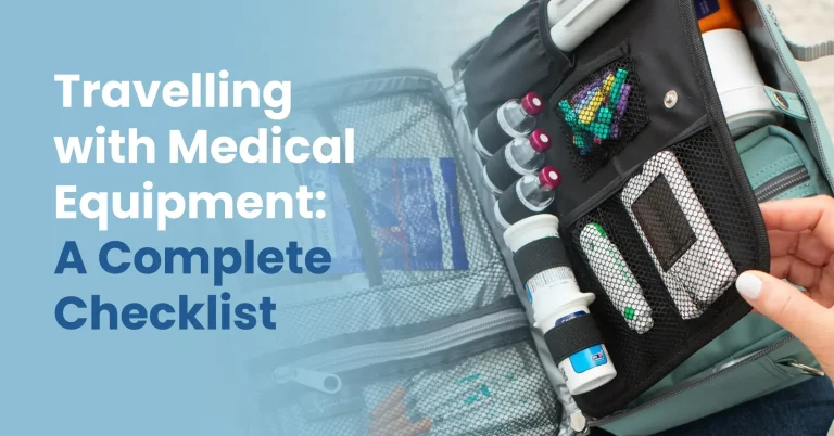 A checklist for traveling with medical equipment, featuring the title on a notepad with a pen.