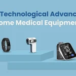 A dynamic infographic showcasing the newest technological advancements in home medical equipment. It features modern devices like a smartwatch, a digital tablet displaying health data, and a compact medical device, all interconnected with lines and nodes on a blue and white background.