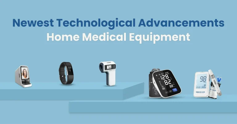 A dynamic infographic showcasing the newest technological advancements in home medical equipment. It features modern devices like a smartwatch, a digital tablet displaying health data, and a compact medical device, all interconnected with lines and nodes on a blue and white background.
