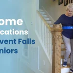 An illustrated title card for an article titled "10 Home Modifications To Prevent Falls For Seniors" featuring a simple graphic of a house.