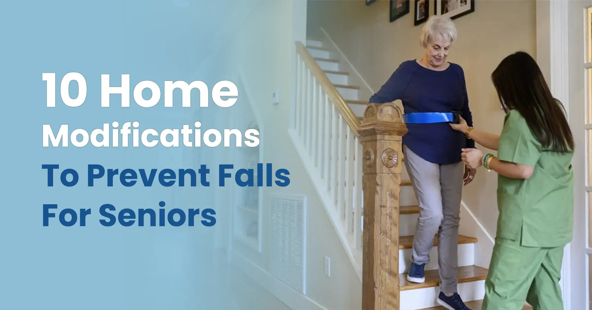 An illustrated title card for an article titled "10 Home Modifications To Prevent Falls For Seniors" featuring a simple graphic of a house.