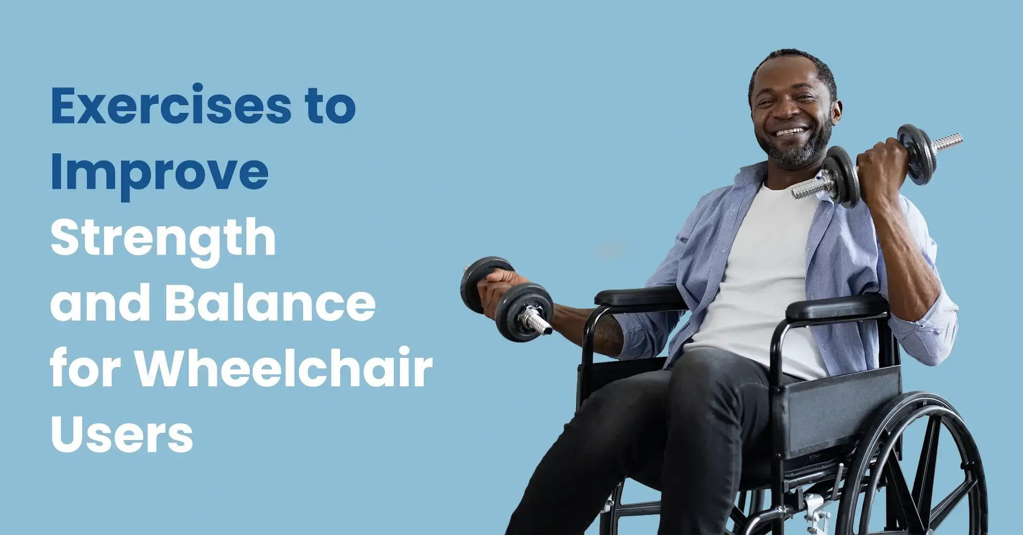 A person in a wheelchair performs a seated overhead press exercise with a resistance band, demonstrating strength and balance training.