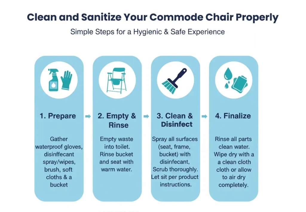 Step-by-step infographic showing how to clean a commode chair: prepare supplies, empty and rinse, disinfect all surfaces, and dry thoroughly for proper hygiene.