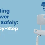 Step-by-step visual guide showing proper installation of an adjustable shower chair for elderly bathroom safety and fall prevention