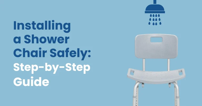 Step-by-step visual guide showing proper installation of an adjustable shower chair for elderly bathroom safety and fall prevention