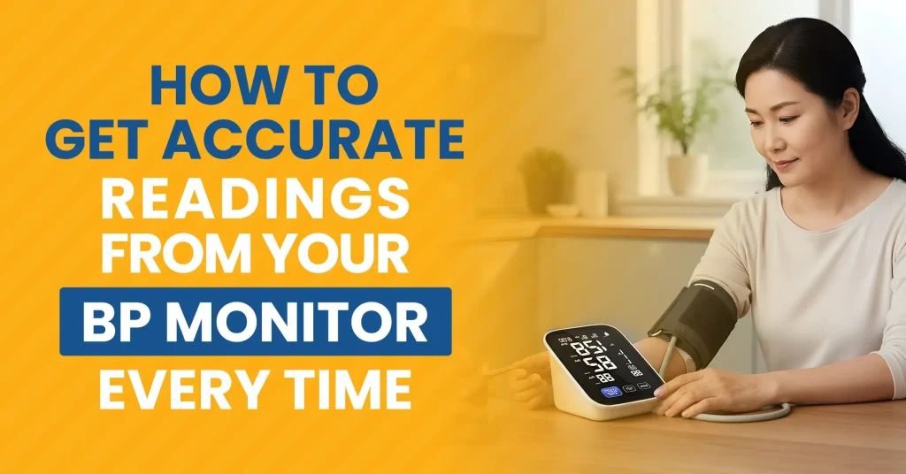 A person correctly using an upper arm blood pressure monitor at home for an accurate reading.