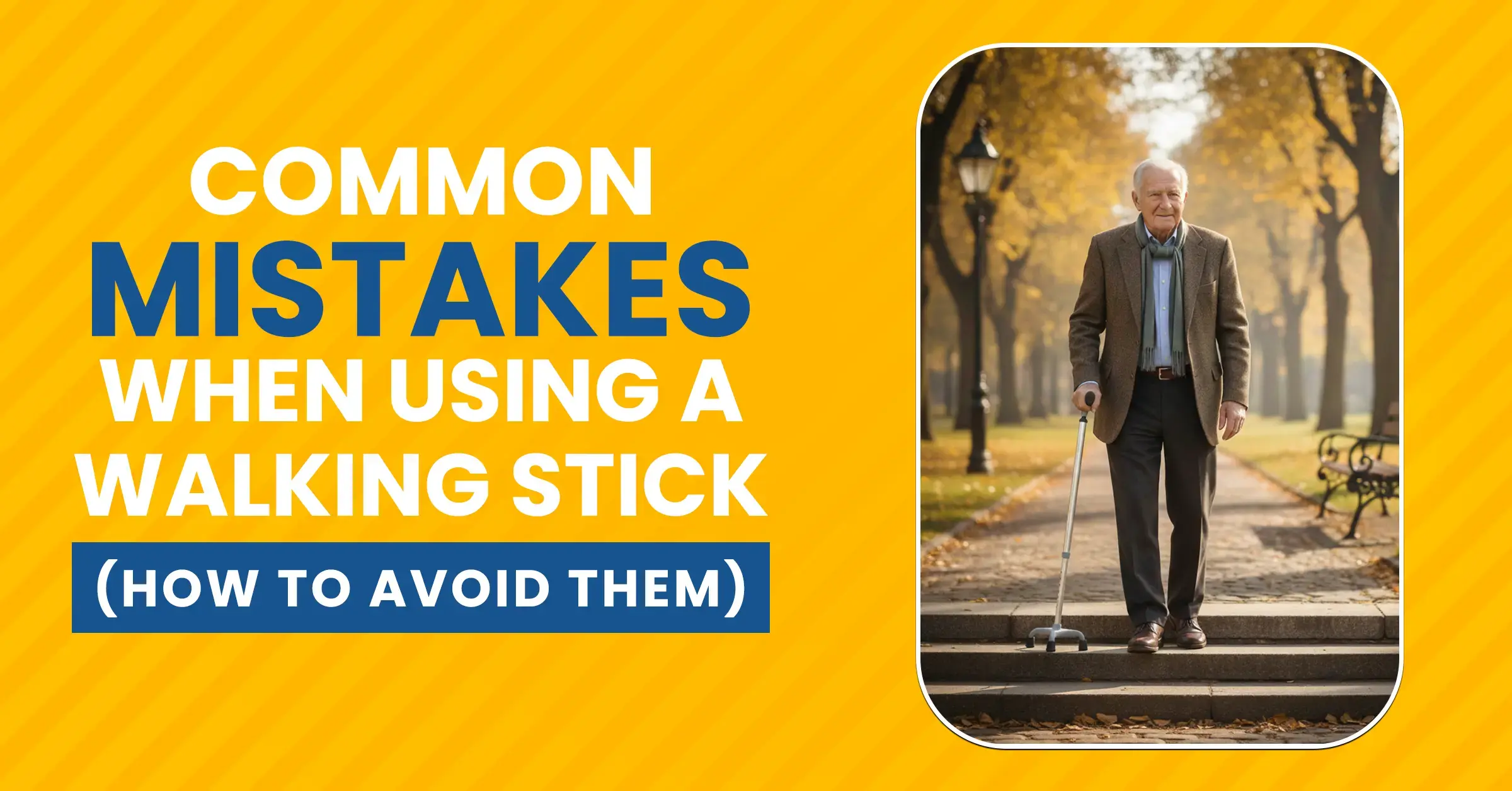 A senior man demonstrating correct walking stick technique for stability and balance.