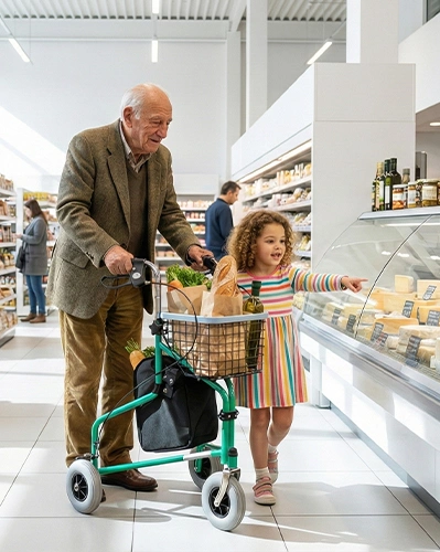 Old man using Medacsicare rollator walker