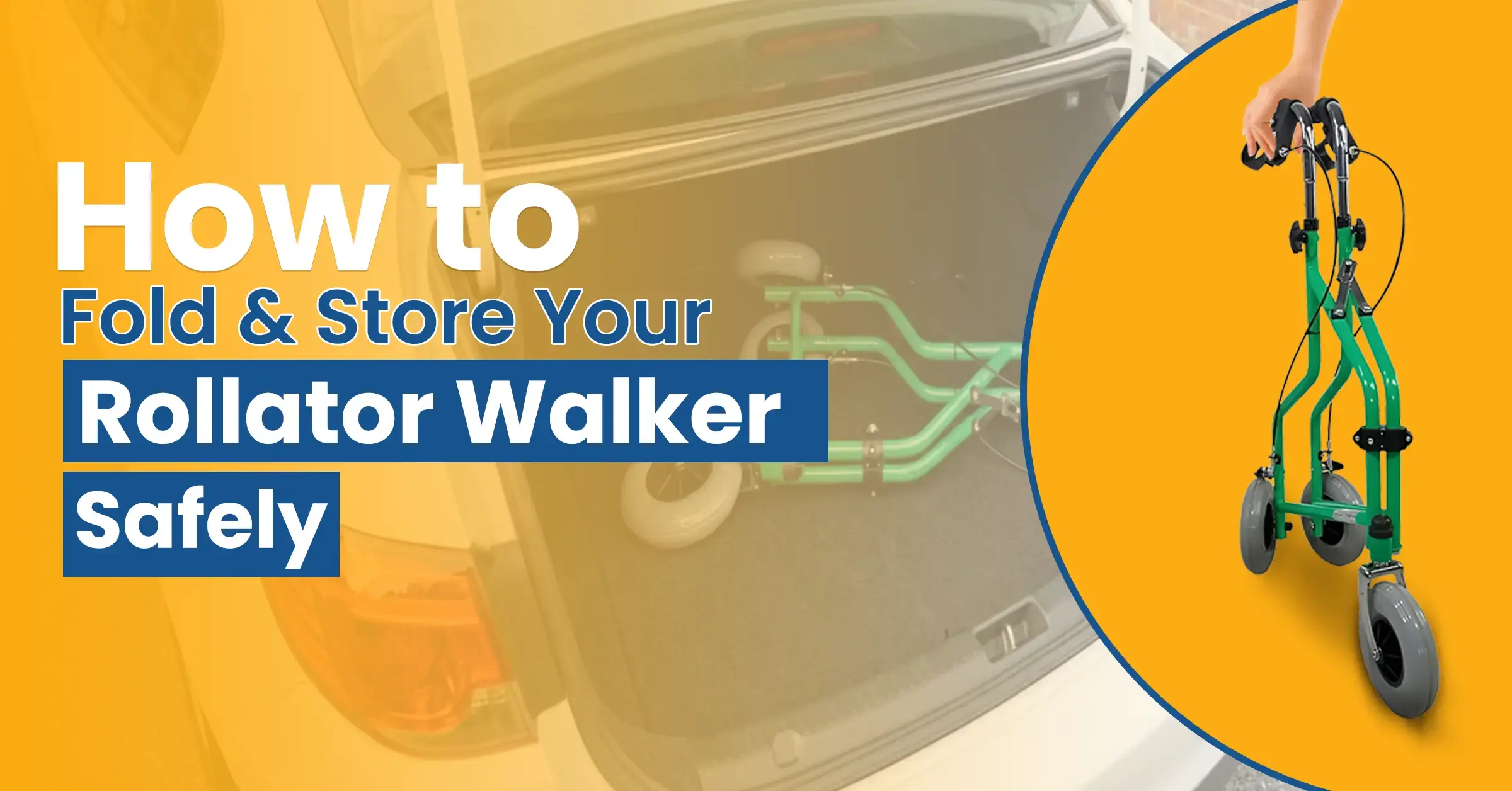 A person safely folding a blue rollator walker with a seat and wheels in a tidy home.