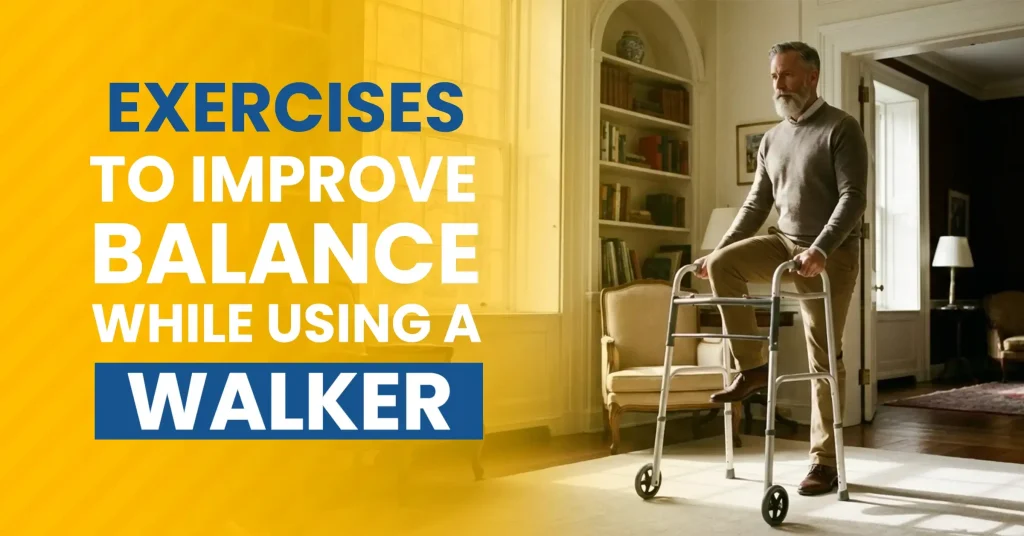 A senior woman performing balance exercises while securely holding a front-wheel walker.