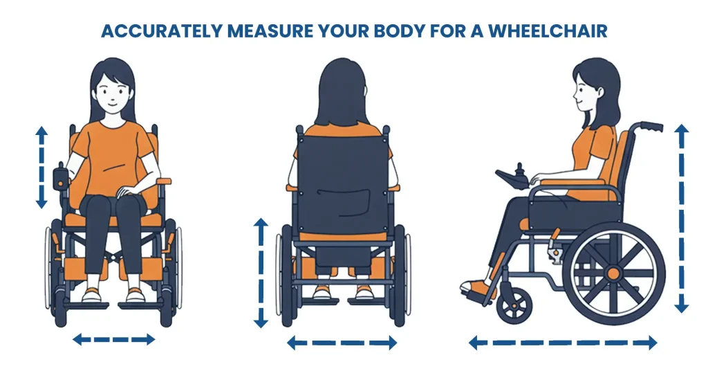 Step-by-step diagram showing how to measure your body for a custom wheelchair fit, focusing on hip width and leg length.