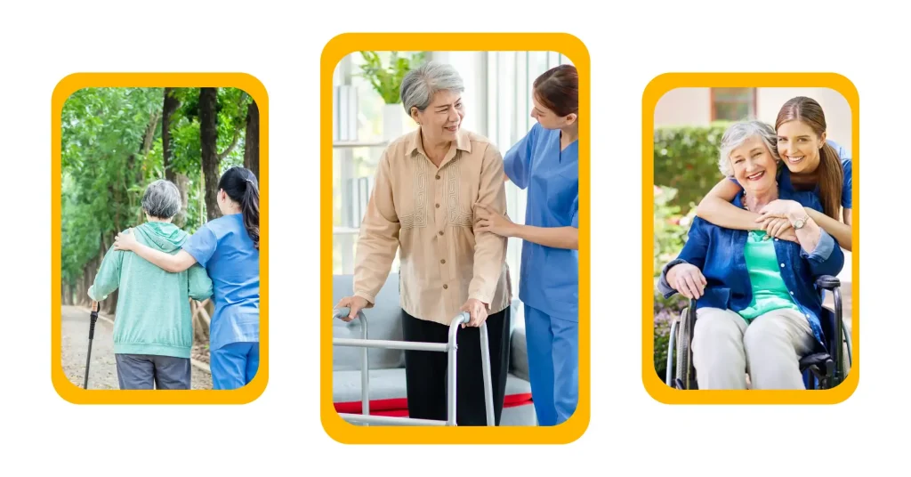 Caregiver assisting an elderly woman with mobility support, walking aid, and wheelchair care for safe daily independence
