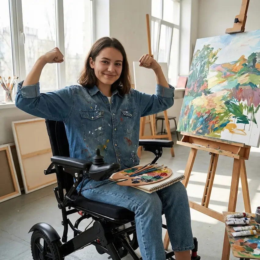 A smiling young woman in a denim outfit sits in an electric wheelchair, proudly flexing her arms while painting in a bright art studio. An easel with a colorful landscape artwork stands beside her, showing creativity, confidence, and independence.