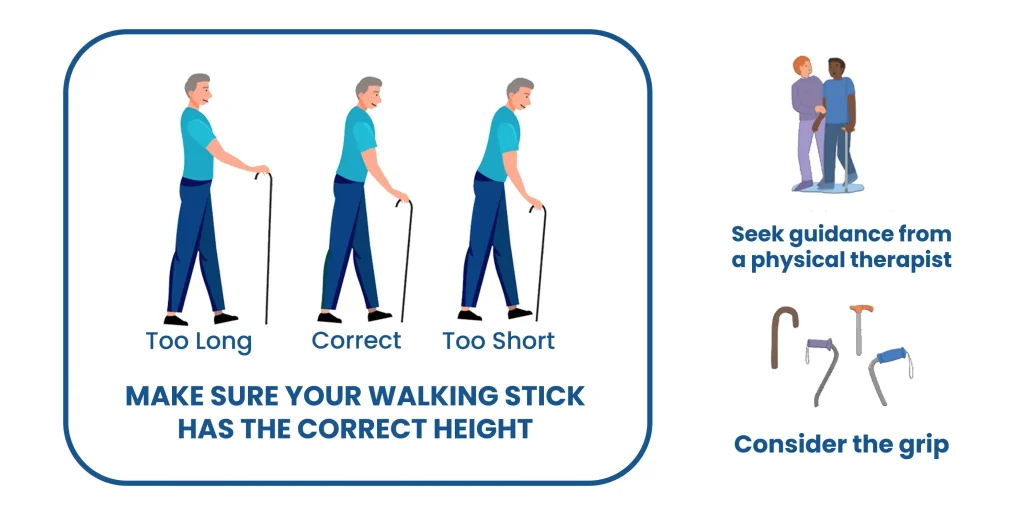 An infographic showing the correct height, incorrect lengths, and key features for a properly fitted walking stick or cane.