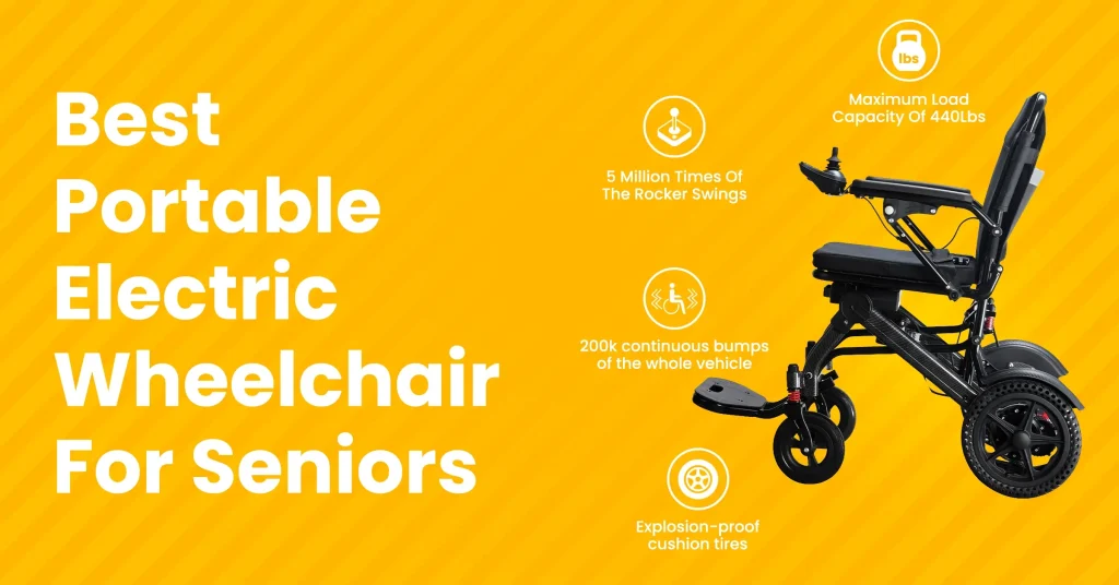 A senior man smiling while using a dark gray portable electric wheelchair outdoors, highlighting its durable frame, cushion tires, and high weight capacity.