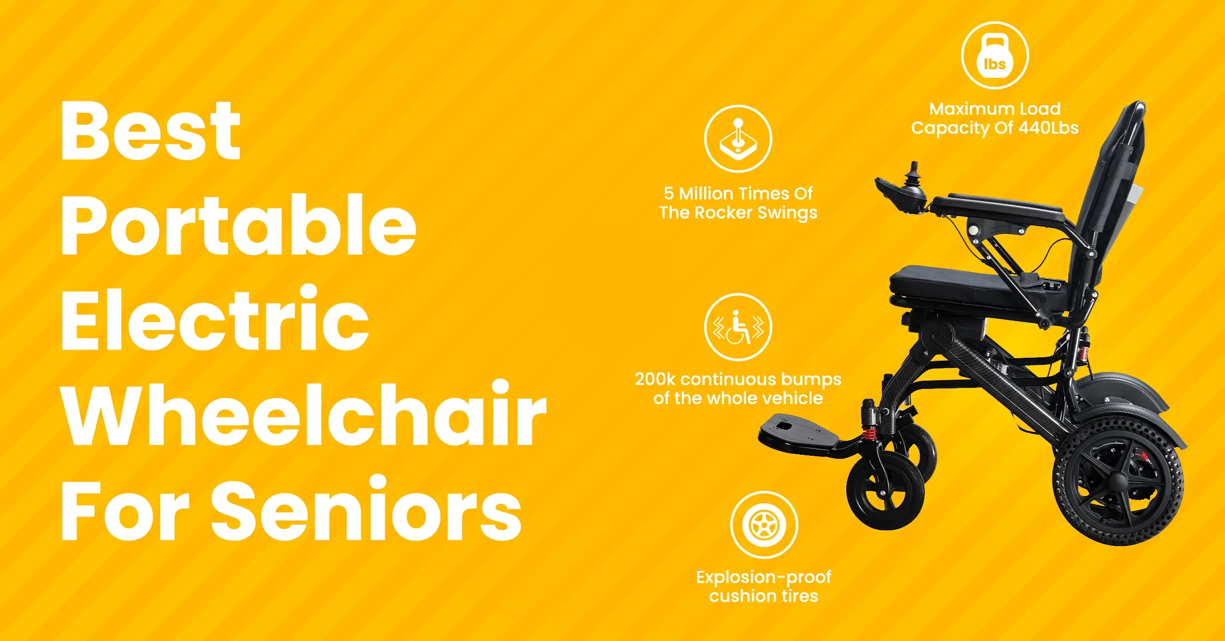 A senior man smiling while using a dark gray portable electric wheelchair outdoors, highlighting its durable frame, cushion tires, and high weight capacity.