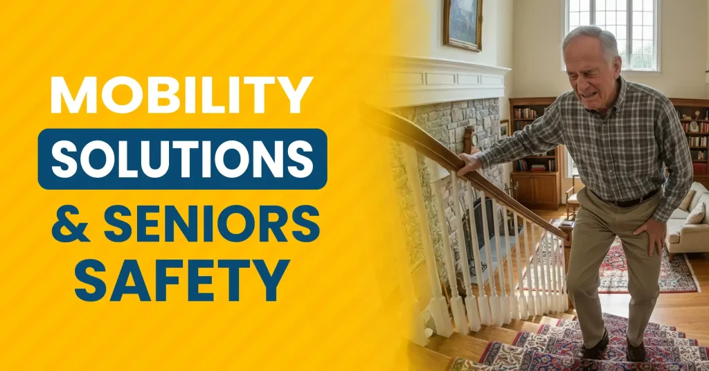 A graphic titled Mobility Solutions and Seniors Safety, highlighting tools and strategies for fall prevention and independent living.