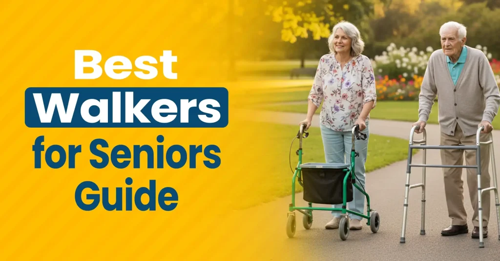 A guide book titled "Best Walkers for Seniors" with an illustrated cover featuring a supportive walker.