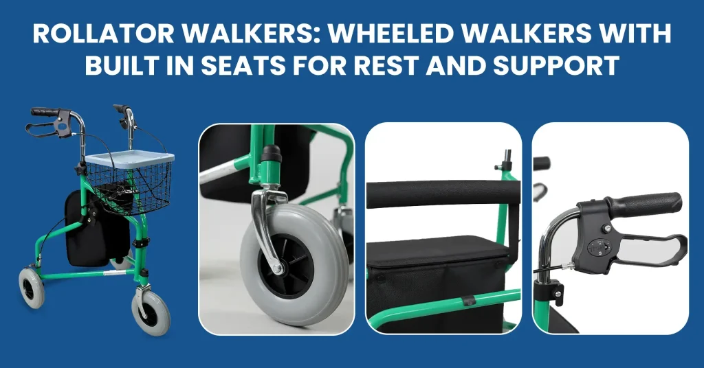 An infographic explaining rollator walkers (wheeled walkers), highlighting their key feature of built-in seats for rest and their primary benefit of providing stable mobility support.
